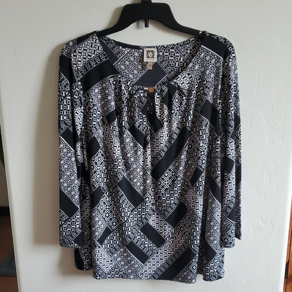 Anne Klein Blouse Black and White 3/4 Sleeve Sz XL